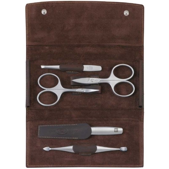 Zwilling TWINOX - 5 db-ból álló szatén rozsdamentes acél manikűr készlet, barna bőr tokban
