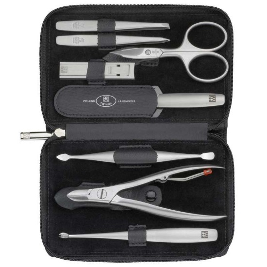 Zwilling TWINOX - 8 db-ból álló  szatén rozsdamentes acél manikűr készlet, fekete bőr tartóban 