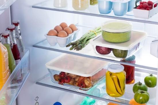 Pyrex - 1,5L / 2,6 L - es 2 drb téglalap alakú hőálló üvegedény szett műanyag fedéllel
