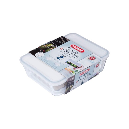 Pyrex - 1,5L / 2,6 L - es 2 drb téglalap alakú hőálló üvegedény szett műanyag fedéllel