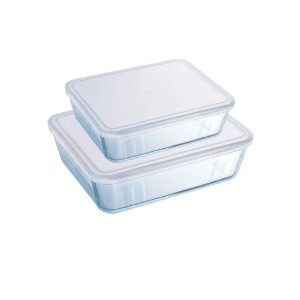 Pyrex - 1,5L / 2,6 L - es 2 drb téglalap alakú hőálló üvegedény szett műanyag fedéllel