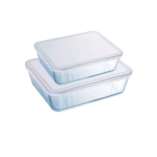 Pyrex - 1,5L / 2,6 L - es 2 drb téglalap alakú hőálló üvegedény szett műanyag fedéllel