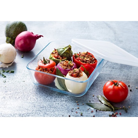 Pyrex - 850 ml - es négyzet alakú hőálló üvegedény műanyag fedéllel