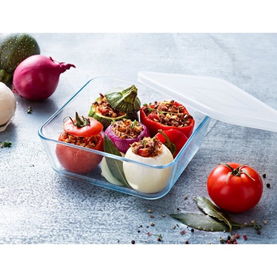Pyrex - 2 L - es négyzet alakú hőálló üvegedény műanyag fedéllel