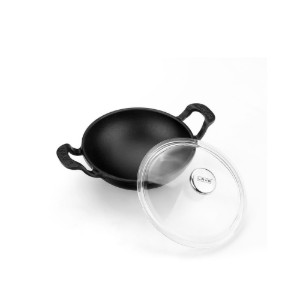 Wok serpenyő üveg fedővel, öntöttvas, 16cm, fekete - LAVA
