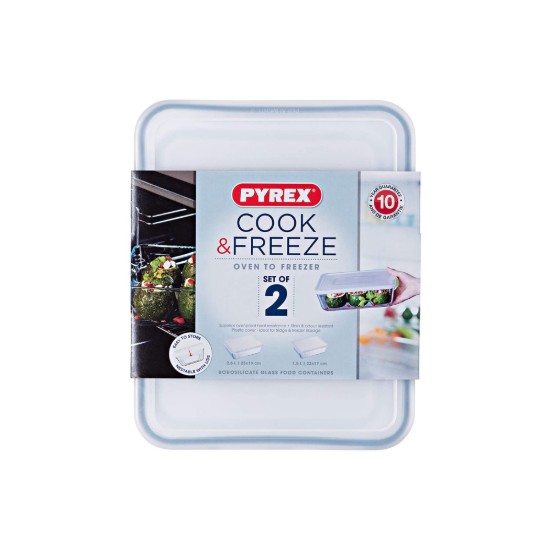 Pyrex - 1,5L / 2,6 L - es 2 drb téglalap alakú hőálló üvegedény szett műanyag fedéllel