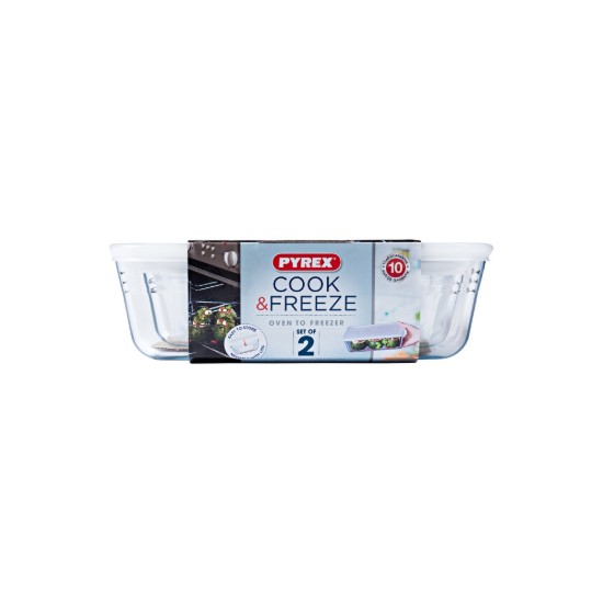 Pyrex - 1,5L / 2,6 L - es 2 drb téglalap alakú hőálló üvegedény szett műanyag fedéllel