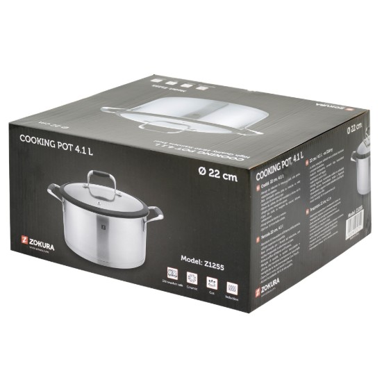 Rozsdamentes acél lábas fedővel, 22cm/4,1L - Zokura