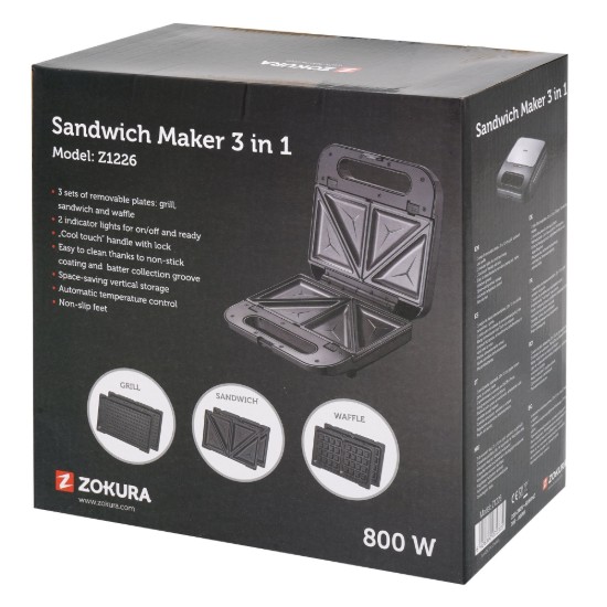 Zokura - 800 W -os 2 szeletes szendvicskészítő 3 az 1-ben