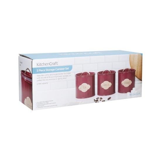 3 edény készlet teához, kávéhoz és cukorhoz, 1 liter, Burgundy - Kitchen Craft