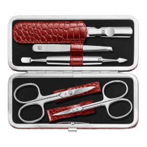 5 részes manikűr szett, rozsdamentes, bőr pénztárca krokodil-modell, piros - Zwilling Classic Inox
