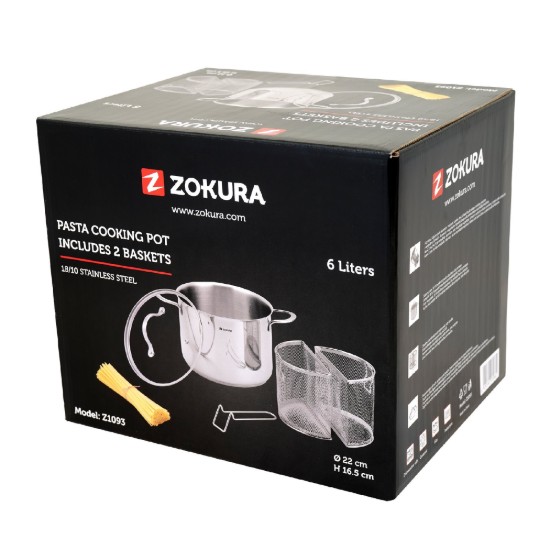 Tésztafőző edény, fedővel, rozsdamentes acél, 22cm/6L - Zokura