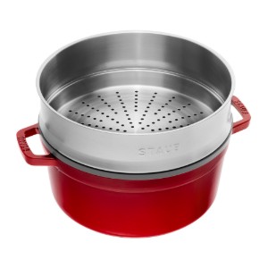 Staub - Cocotte főzőedény, öntöttvas, gőzfőző tartozékkal, 24cm/3,79L, Cherry