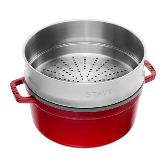 Staub - Cocotte főzőedény, öntöttvas, gőzfőző tartozékkal, 24cm/3,79L, Cherry