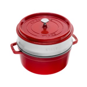 Staub - Cocotte főzőedény, öntöttvas, gőzfőző tartozékkal, 24cm/3,79L, Cherry