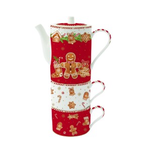 Teáskanna és 2 bögre készlet, porcelán, "Fancy Gingerbread" - Nuova R2S