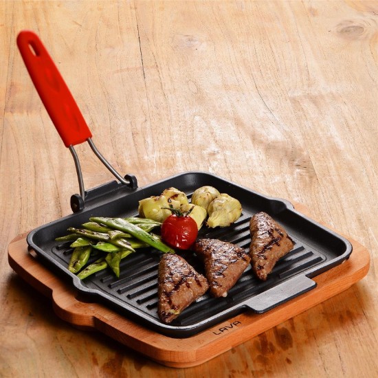 Szögletes grillserpenyő, 24 x 24 cm, piros fogantyú - LAVA