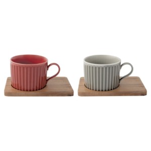 2db porcelán bögre készlet, fa csészealjakkal, 250ml, "Take a Break", Piros/Szürke - Nuova R2S