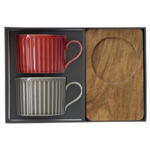2db porcelán bögre készlet, fa csészealjakkal, 250ml, "Take a Break", Piros/Szürke - Nuova R2S