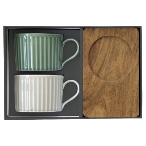 2db porcelán bögre készlet, fa csészealjakkal, 250ml, "Take a Break", zöld/fehér - Nuova R2S