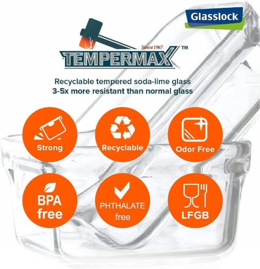 Glasslock 3 darabos üveg ételtároló készlet,  400ml/1 L/2 L, Négyszögletes