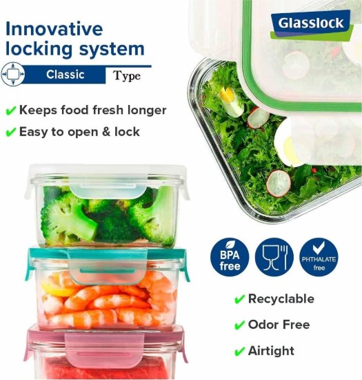 Glasslock 3 darabos üveg ételtároló készlet,  400ml/1 L/2 L, Négyszögletes