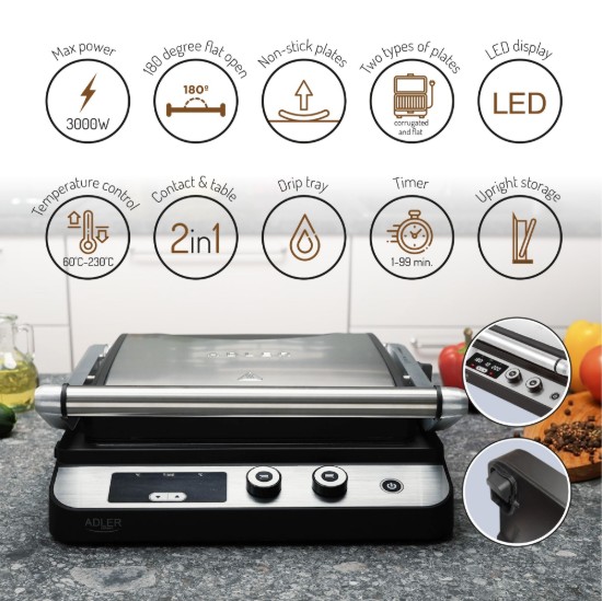 LED 2 az 1-ben elektromos grill, 3000W - Adler
