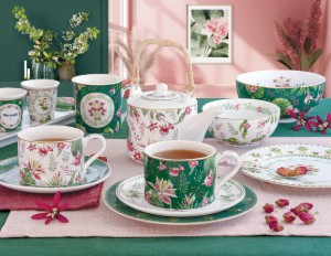 4 porcelán tálból álló készlet fatálcával, "Botanique Chic" - Nuova R2S