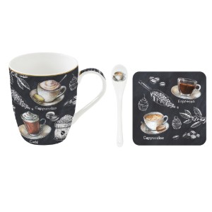 Bögre kanállal, porcelán, parafa tartóval, 350 ml, "Barista" - Nuova R2S