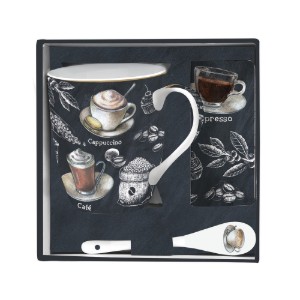 Bögre kanállal, porcelán, parafa tartóval, 350 ml, "Barista" - Nuova R2S