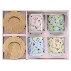 4 kávéscsészés készlet, porcelán, 110 ml, bambusz csészealjakkal, "Meadow Flowers" - Nuova R2S