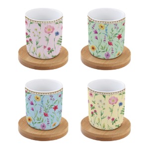 4 kávéscsészés készlet, porcelán, 110 ml, bambusz csészealjakkal, "Meadow Flowers" - Nuova R2S