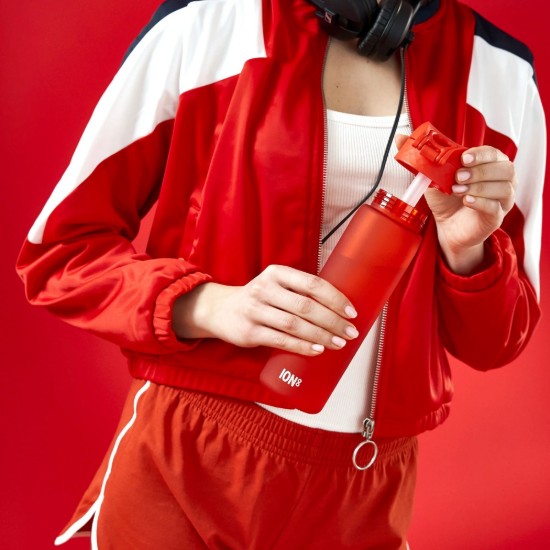 "SLIM" vizes palack, szívószállal, recyclon, 500 ml, Red - Ion8