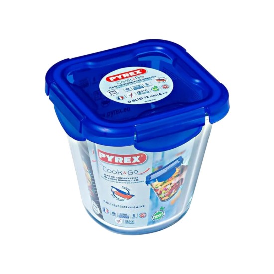 Mély, szögletes ételtartó, légmentesen záródó fedéllel, hőálló üveggel, 12x12cm/0,8L, "Cook&Go" - Pyrex