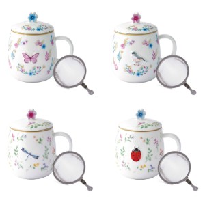 Bögre tetővel és fém infúzióval, porcelán, dombornyomott kivitel, 450 ml, "Fancy Garden" - Nuova R2S