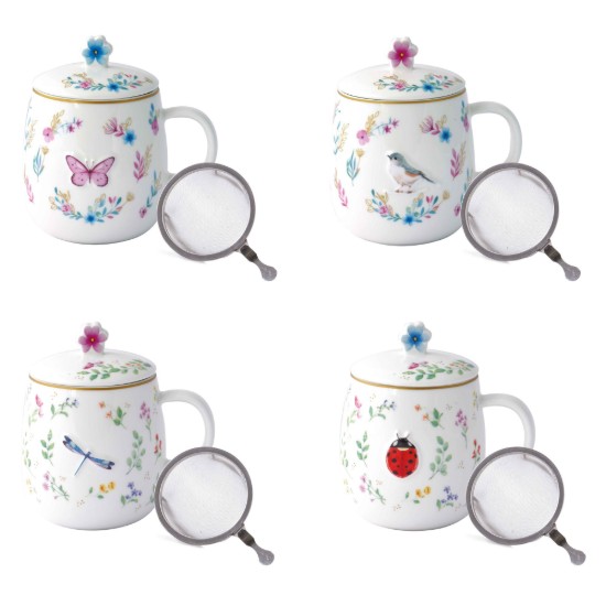 Bögre tetővel és fém infúzióval, porcelán, dombornyomott kivitel, 450 ml, "Fancy Garden" - Nuova R2S