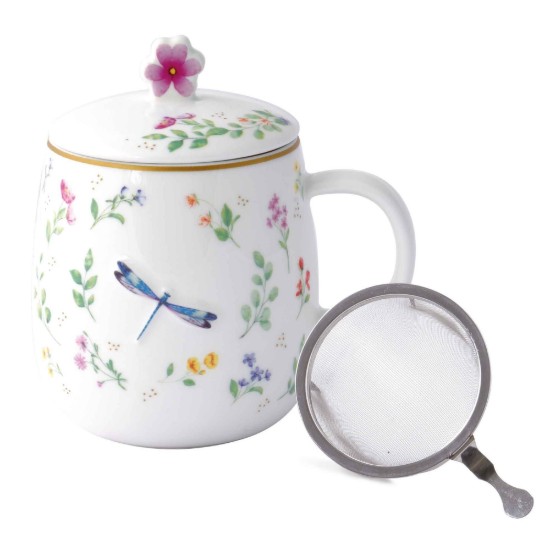 Bögre tetővel és fém infúzióval, porcelán, dombornyomott kivitel, 450 ml, "Fancy Garden" - Nuova R2S