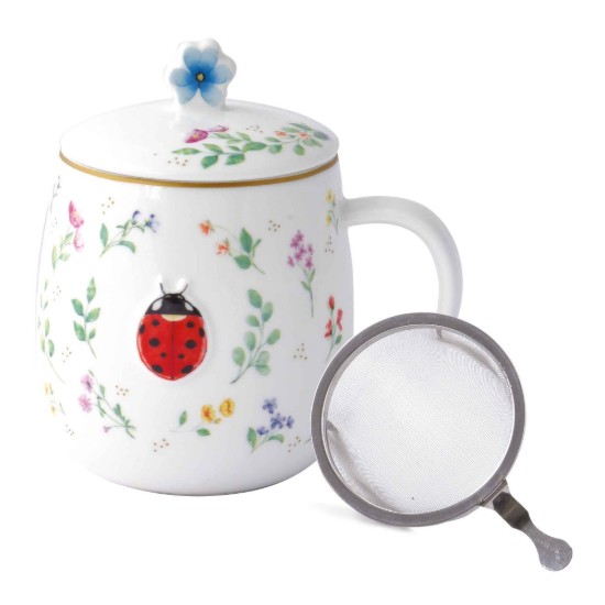 Bögre tetővel és fém infúzióval, porcelán, dombornyomott kivitel, 450 ml, "Fancy Garden" - Nuova R2S