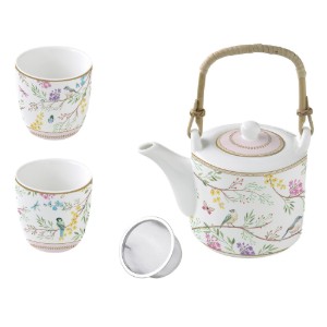 Porcelán teáskanna, 600 ml, infúzióval és 2 bögrével, "Birds Melody" - Nuova R2S