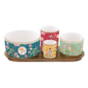 4 porcelán tál készlet, fa tálaló tálcával, "Jardins D'Orient" - Nuova R2S